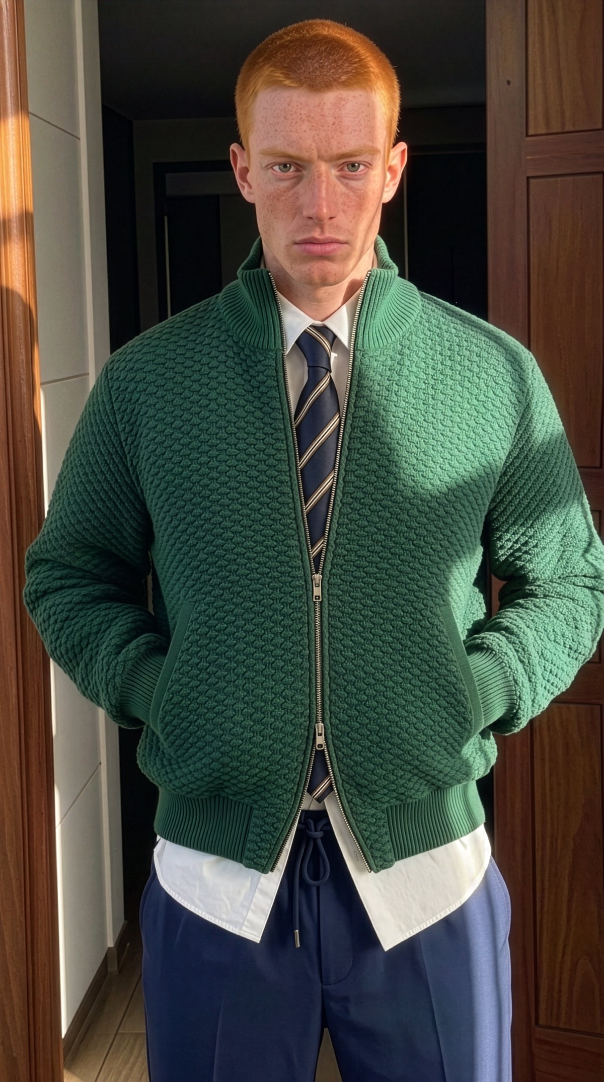 Dorian - Textured Knit Zip Jacket - Green