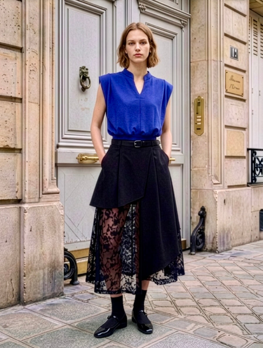 Kenzy - Asymmetric Skirt with Dévoré Lace Insert