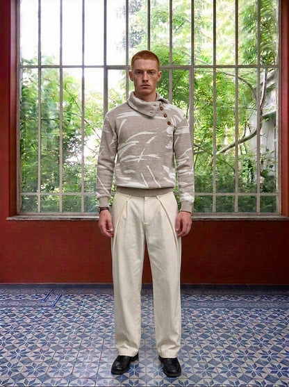 Loras - Paintbrush Jacquard Button - Neck Sweater