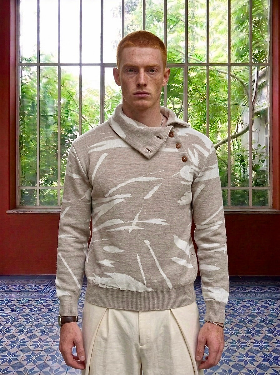 Loras - Paintbrush Jacquard Button - Neck Sweater