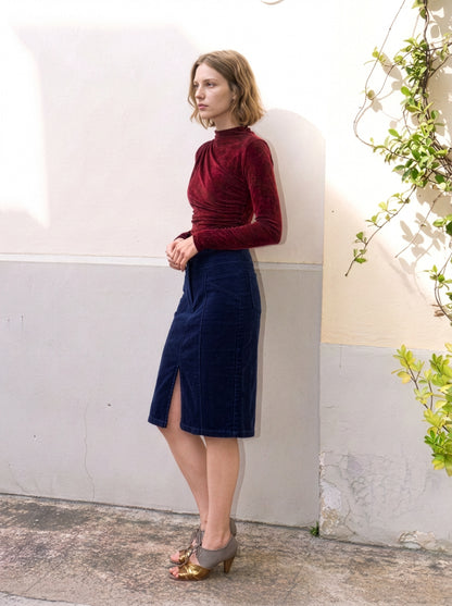 Cersei - Velvet Corduroy Pencil Skirt - Navy