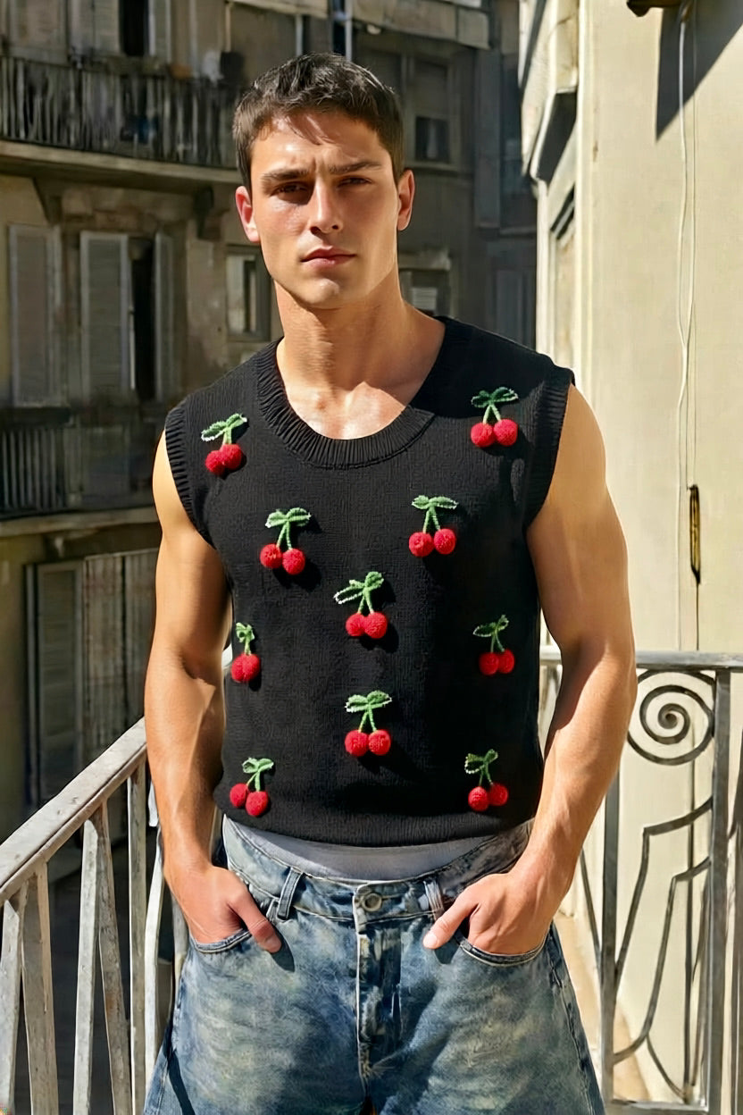 'Cherry' - Sleeveless 3D Cherry Pin Knit Vest - Man