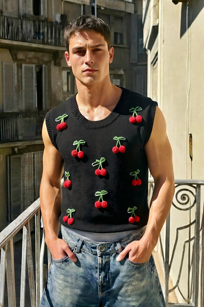 'Cherry' - Sleeveless 3D Cherry Pin Knit Vest - Man