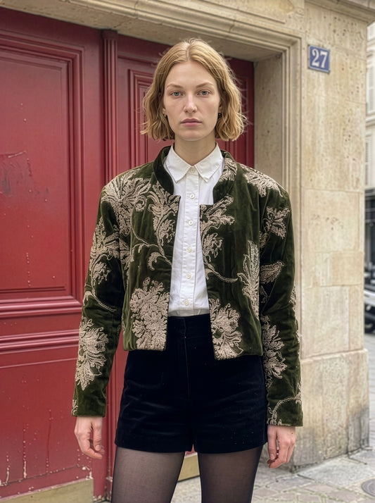 Anok - Olive Embroidered Velvet Jacket