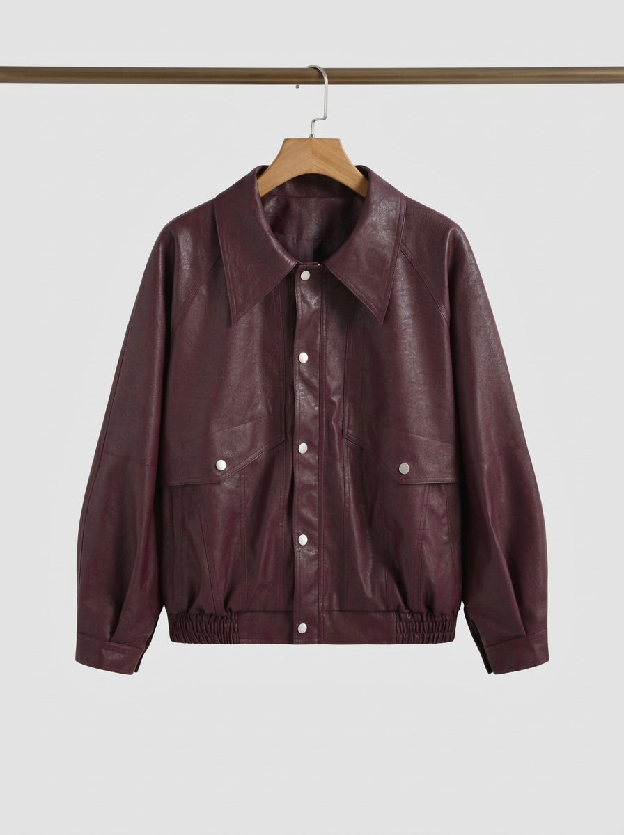 Ramon - Oversized Vegan Leather Retro Jacket-Burgundy