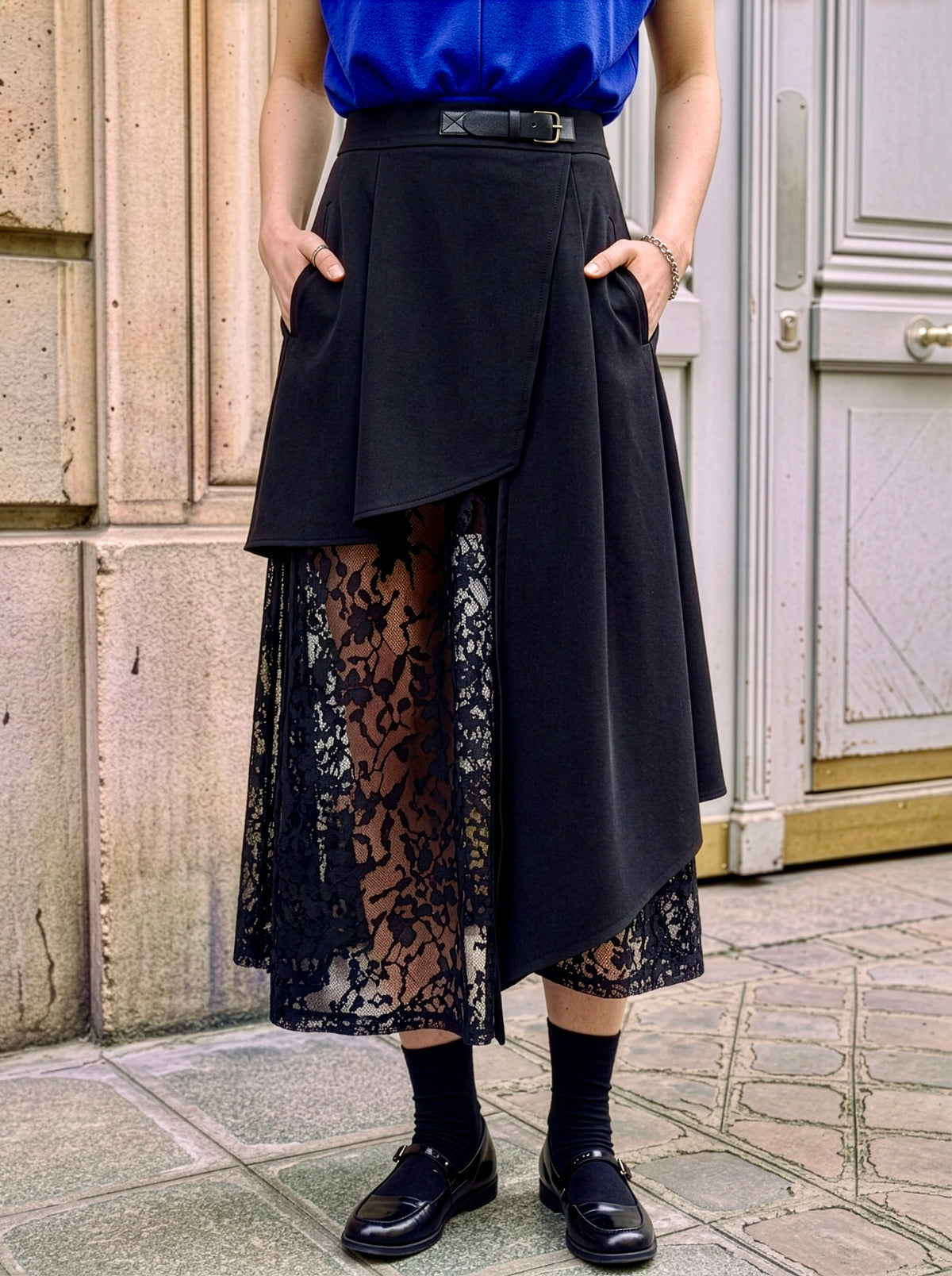 Kenzy - Asymmetric Skirt with Dévoré Lace Insert