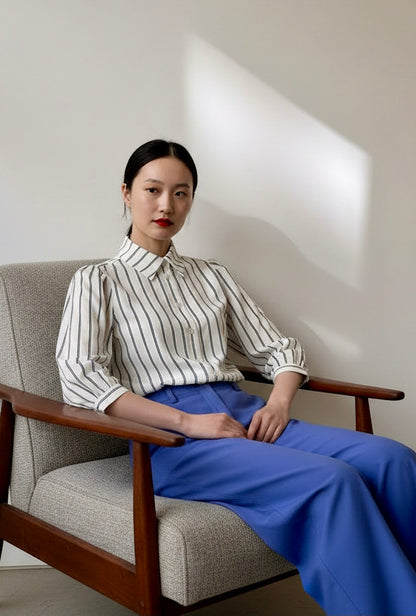 Trixie - Poplin Shirt With Puffy Sleeves - B/W Stripe