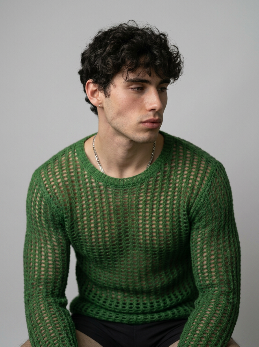 Brent - Open Knit long sleeve sweater- Green
