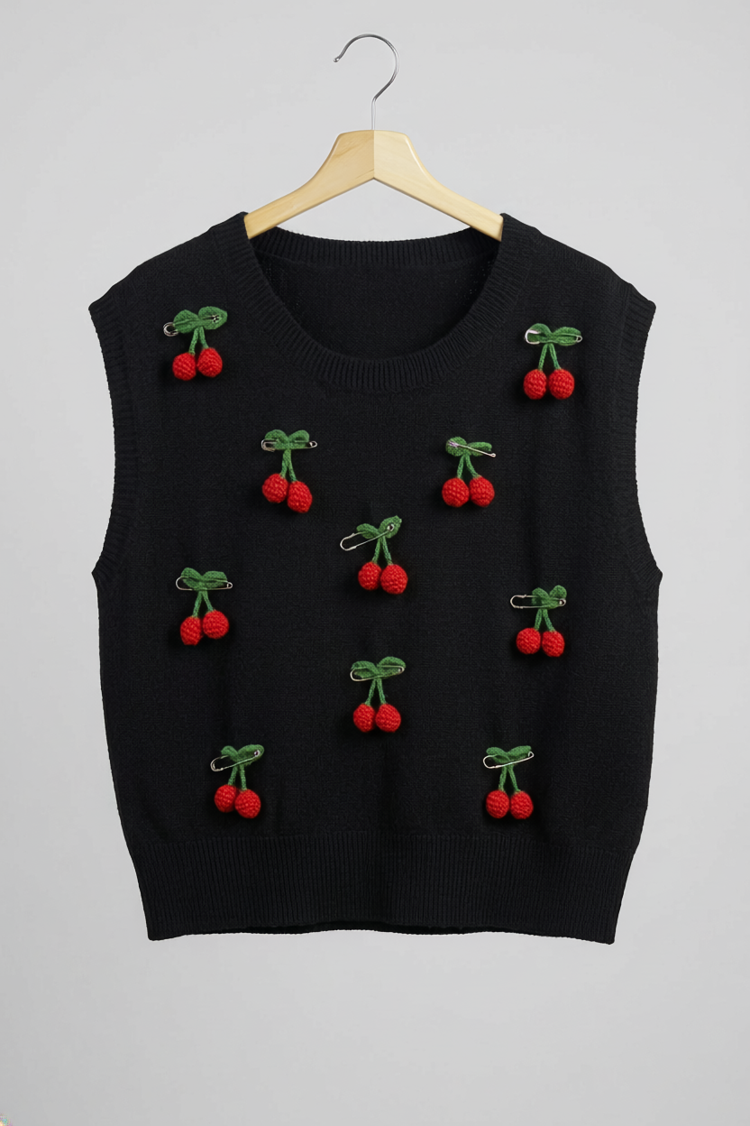 'Cherry' - Sleeveless 3D Cherry Pin Knit Vest - Man