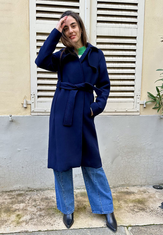 Nyla - Night Blue Wool Belted Coat