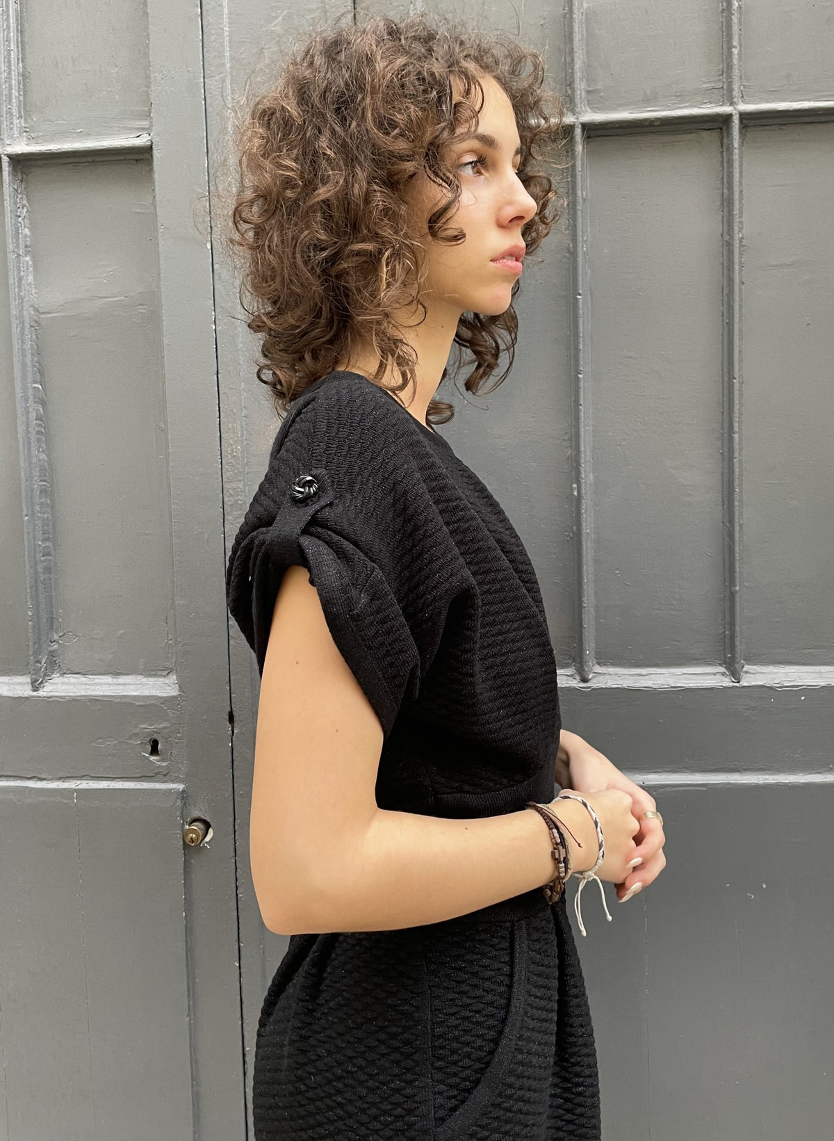Faryn - Textured Knitted Dress - Metallic Black