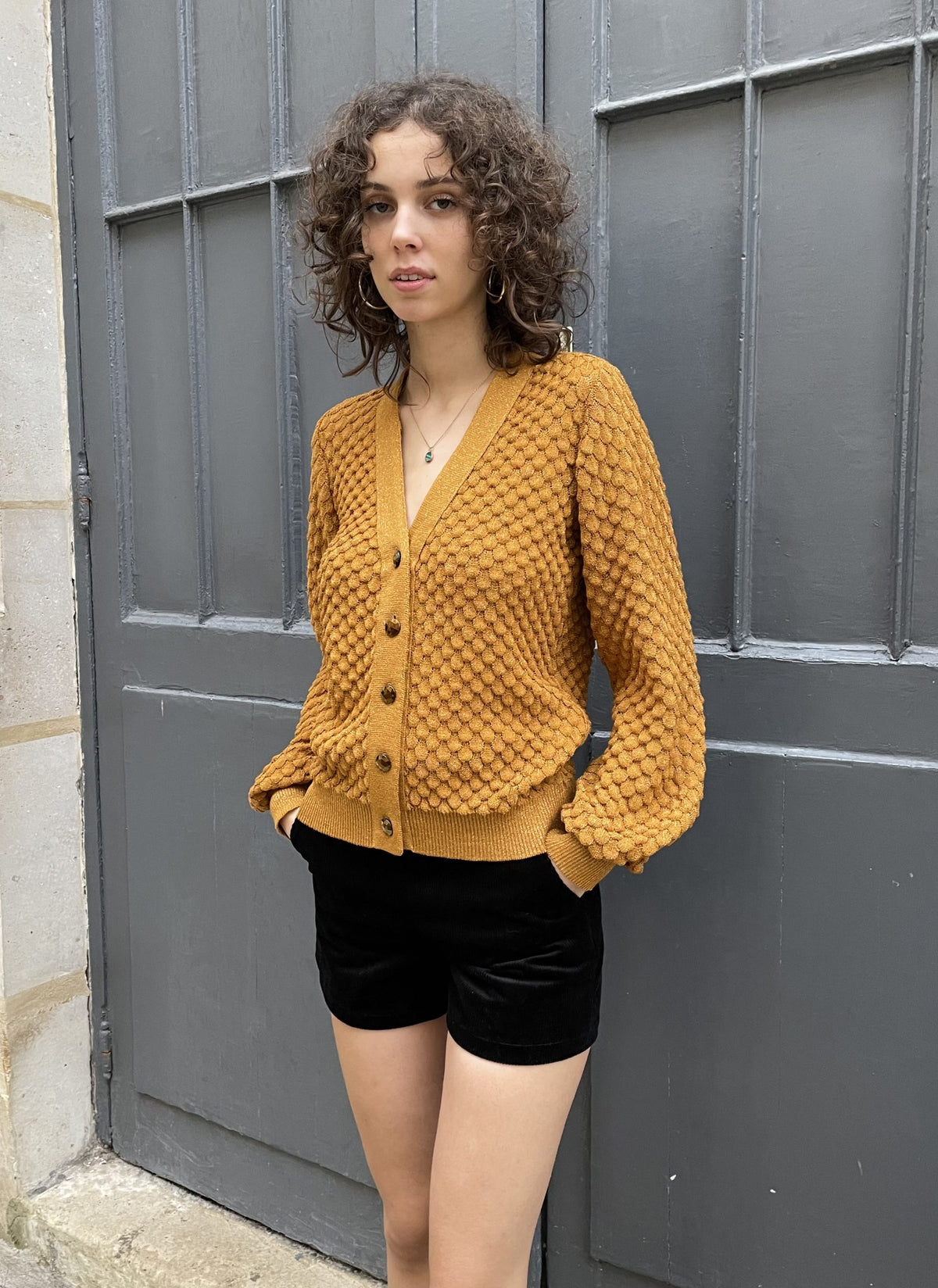 Hallie-V-neck Gold Lace Knit Cardigan