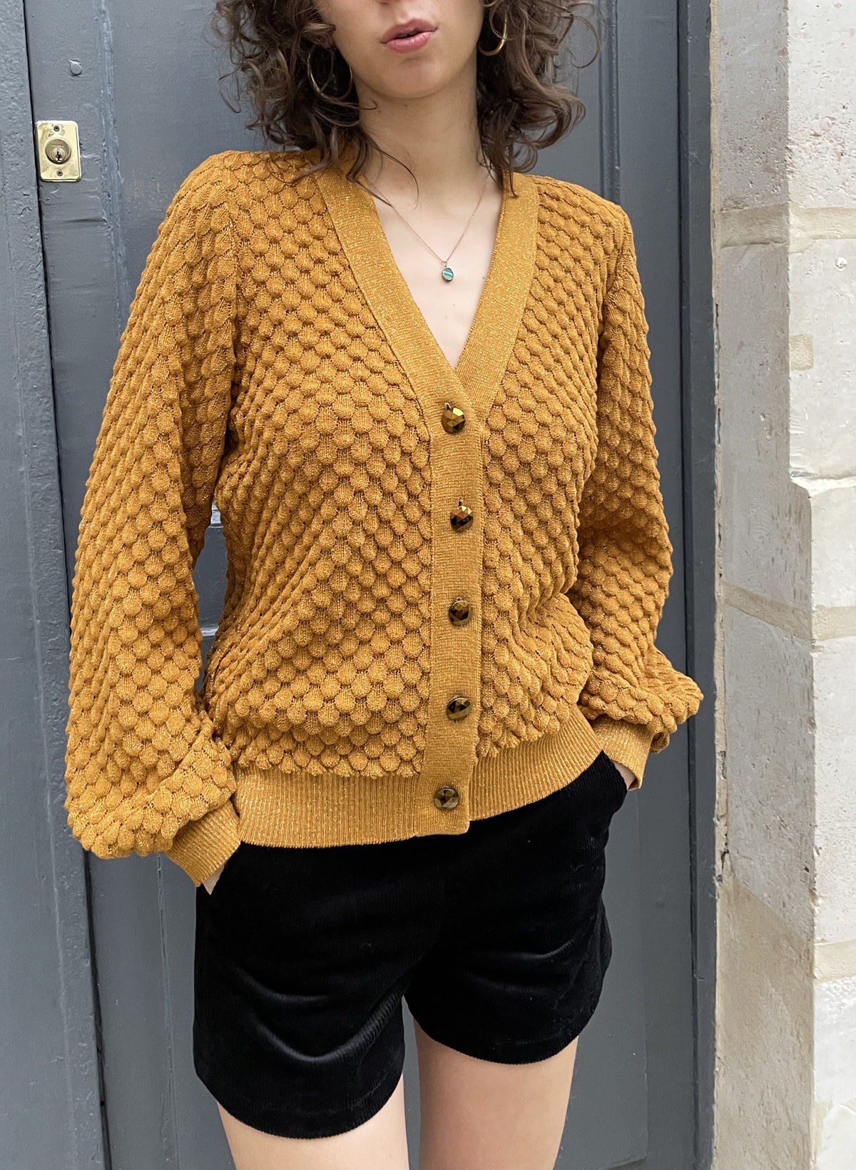 Hallie-V-neck Gold Lace Knit Cardigan