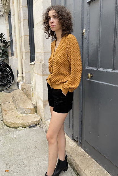 Hallie-V-neck Gold Lace Knit Cardigan