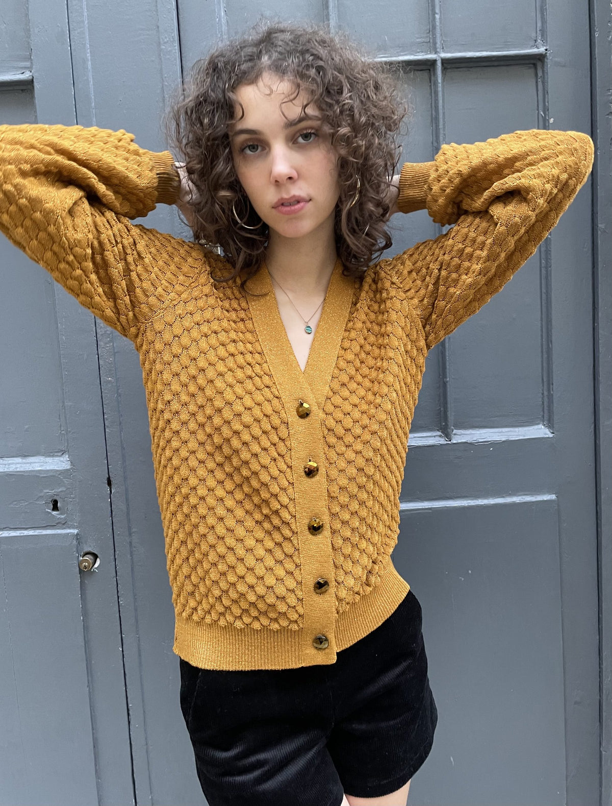 Hallie-V-neck Gold Lace Knit Cardigan