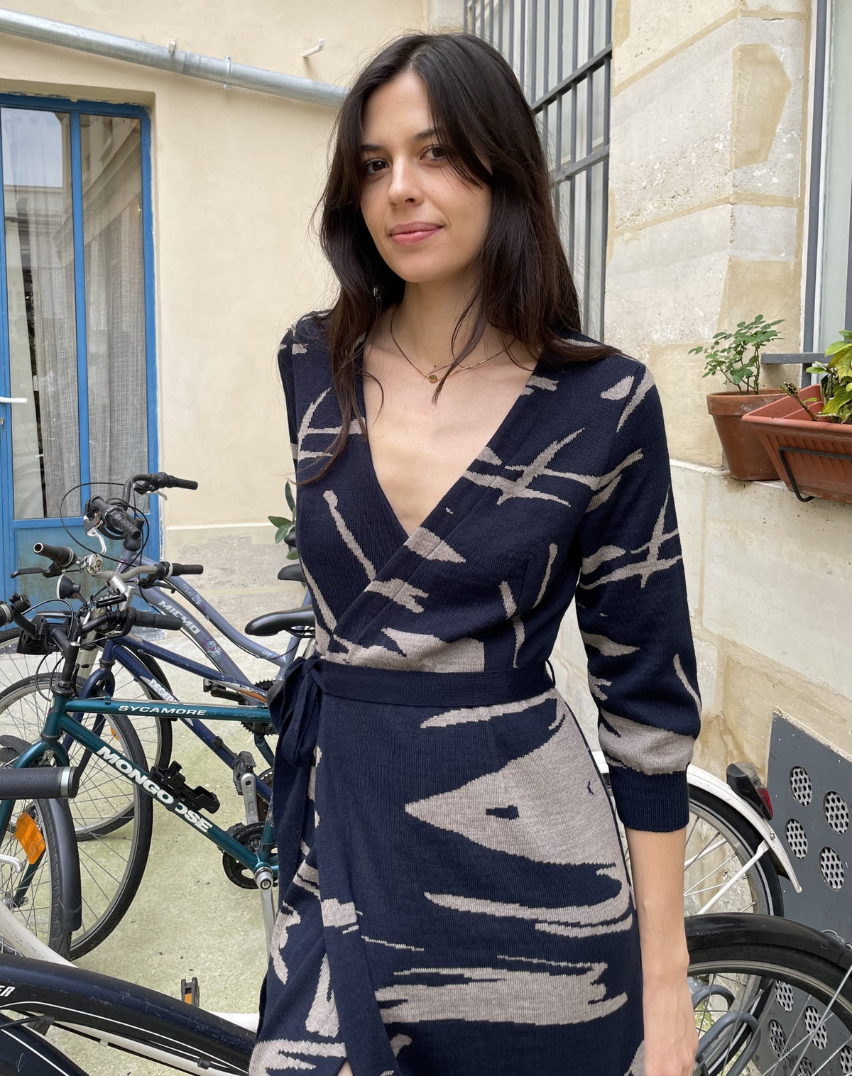 Arwaya - Midi Wrap Dress – Night Blue Paintbrush Motif