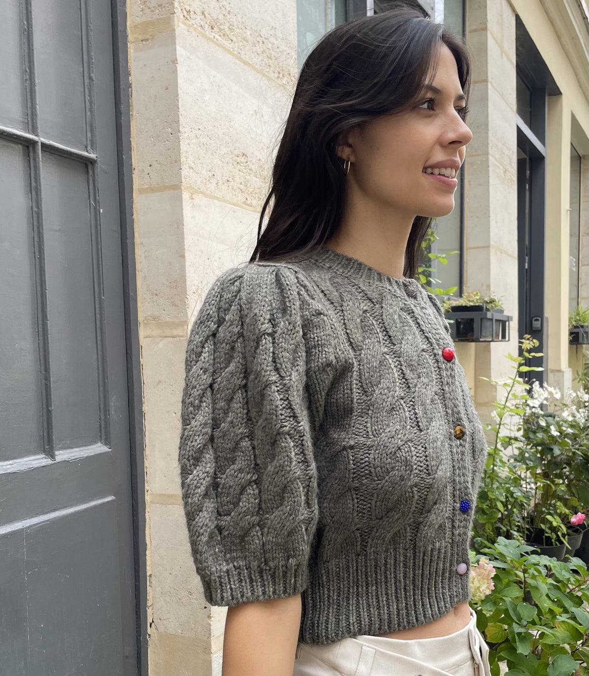 Brandy - Cropped Cable Knit Sweater with Puffy Sleeves