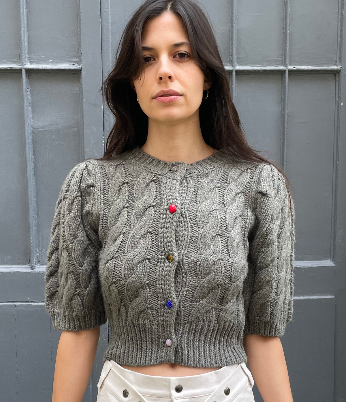 Brandy - Cropped Cable Knit Sweater with Puffy Sleeves