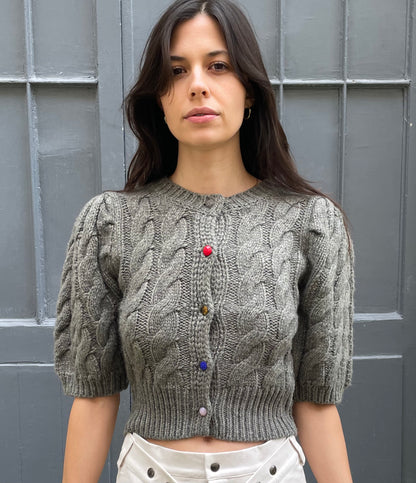 Brandy - Cropped Cable Knit Sweater with Puffy Sleeves