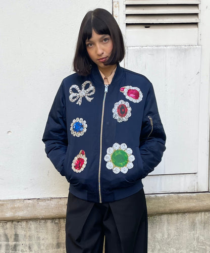 Jason - Aviator Puffer Jacket with Jewel Print — Navy Blue