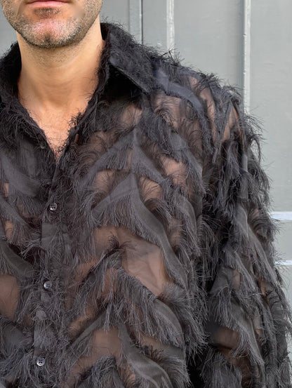 Wanda - Oversized Fringed Organza Shirt - Black