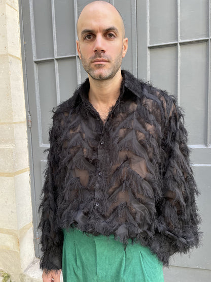 Wanda - Oversized Fringed Organza Shirt - Black