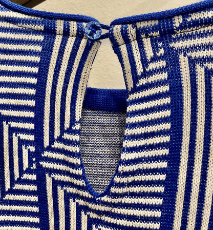 Loreza - Puff Sleeve Geometric Jacquard Sweater - Blue/Ecru
