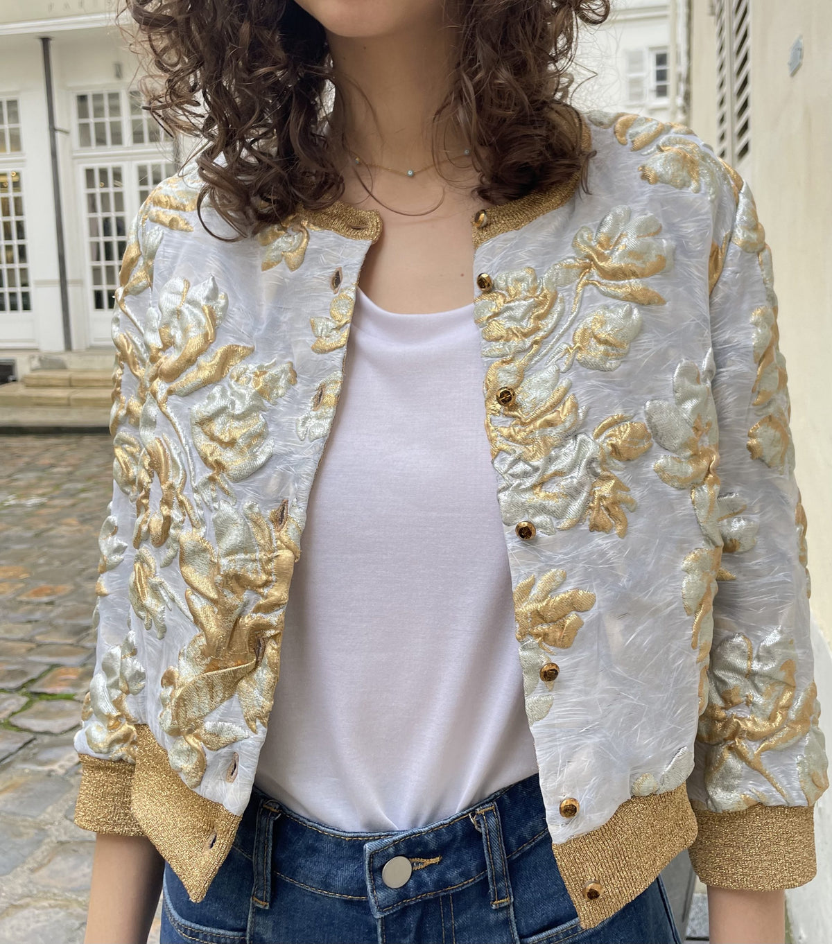 Selina - Silk Brocade Crop Jacket in Gold & Silver Floral Pattern