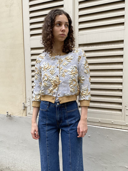 Selina - Silk Brocade Crop Jacket in Gold & Silver Floral Pattern