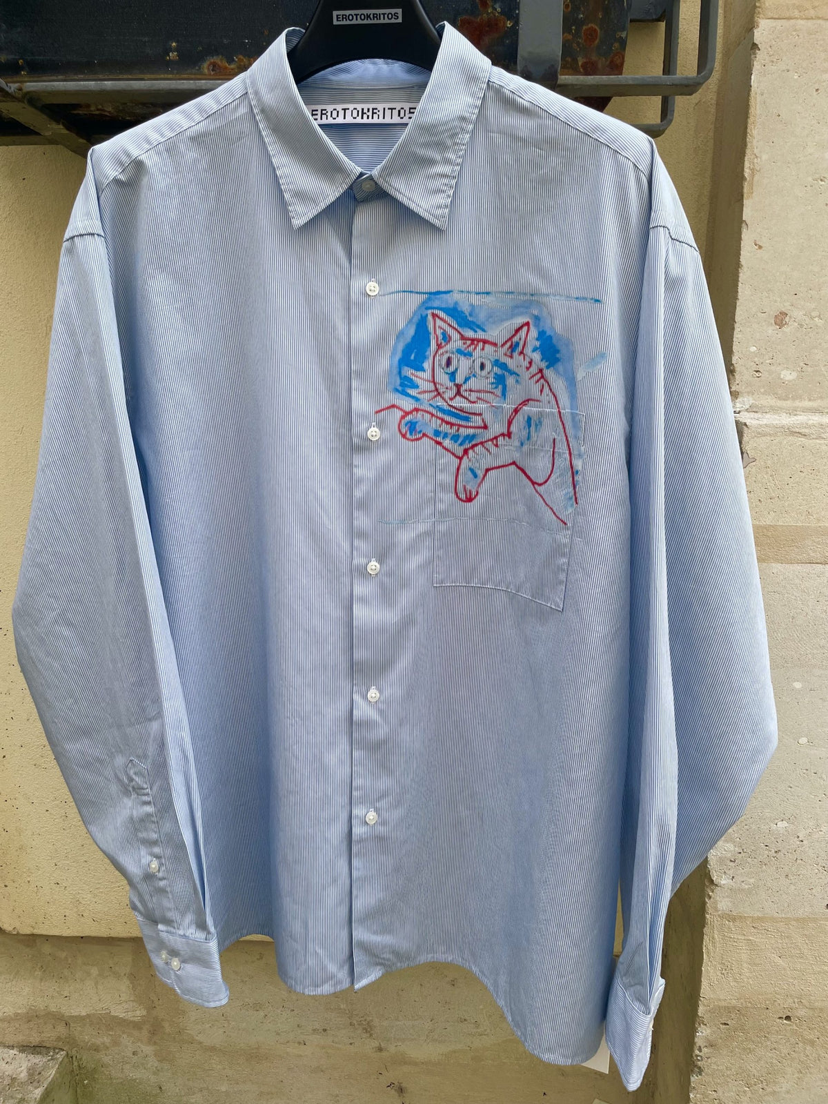 Chad - Cat Print Oversized cotton Shirt - Fine blue stripe