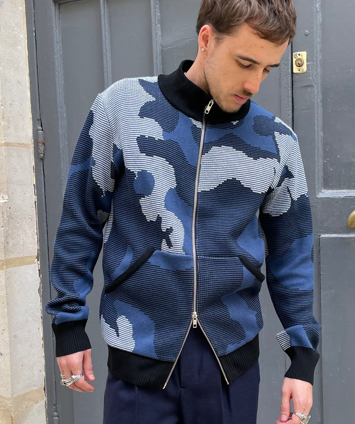 Din - High Neck Jacquard Knitted Jacket