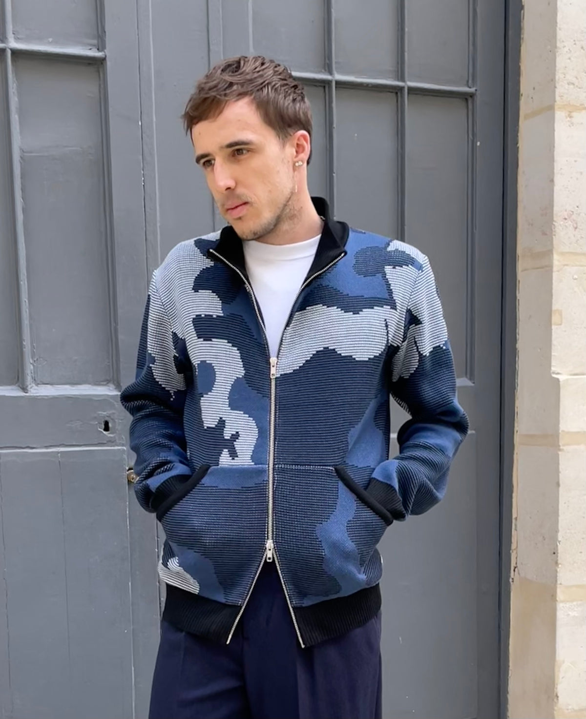 Din - High Neck Jacquard Knitted Jacket