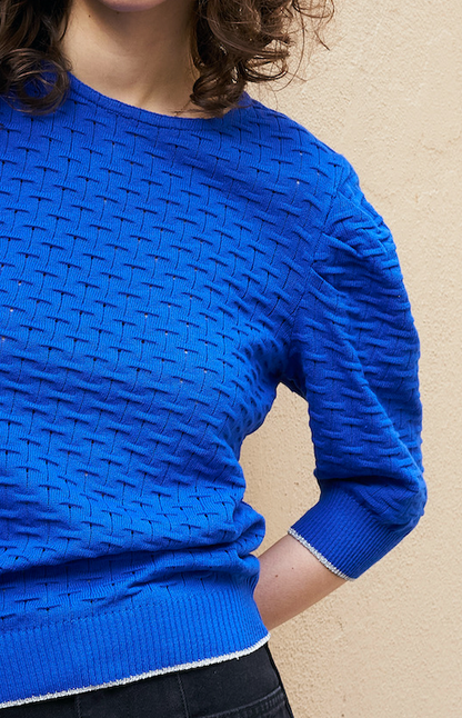 Phiphie-Puff Sleeve Textured Sweater-Royal Blue