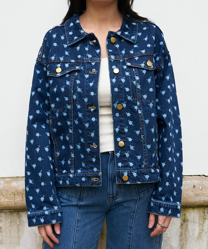 Alyssa-Flower Print Denim Jacket