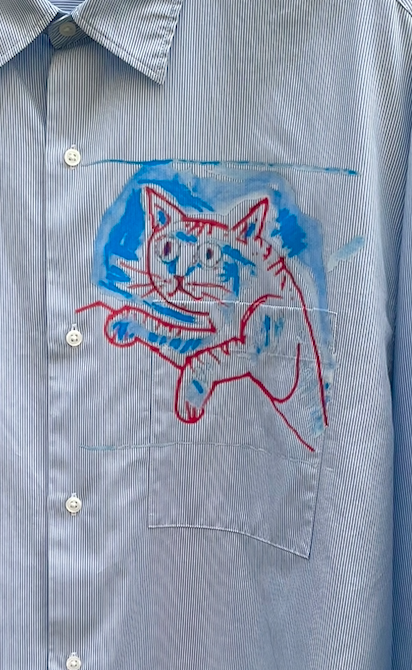Chad - Cat Print Oversized cotton Shirt - Fine blue stripe