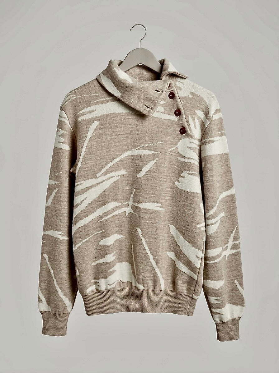 Loras - Paintbrush Jacquard Button - Neck Sweater