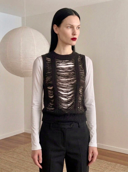 Amina - Distressed Open-Knit Vest - Woman